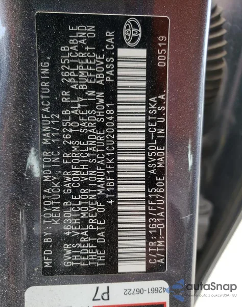 2012 Toyota Camry Base z USA, uszkodzony, nr VIN 4T1BF1FK1CU200481